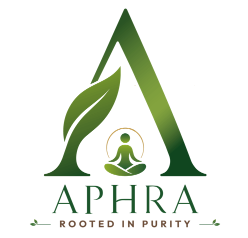 APHRA logo: a large green letter A with a leaf motif and a meditating figure inside a circle, plus the slogan 'Rooted in Purity'.