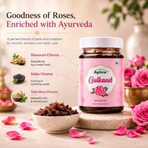 Pink jar labeled 'Aphra Gulkand' shown with rose petals and bowls of herbs for an Ayurvedic wellness product. The ad highlights Shatavari, Sabja, and Tulsi Churna blends.