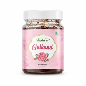 Jar of Aphra Gulkand with a pink label and rose illustration, white lid, and visible preserve inside; net content 200 g.